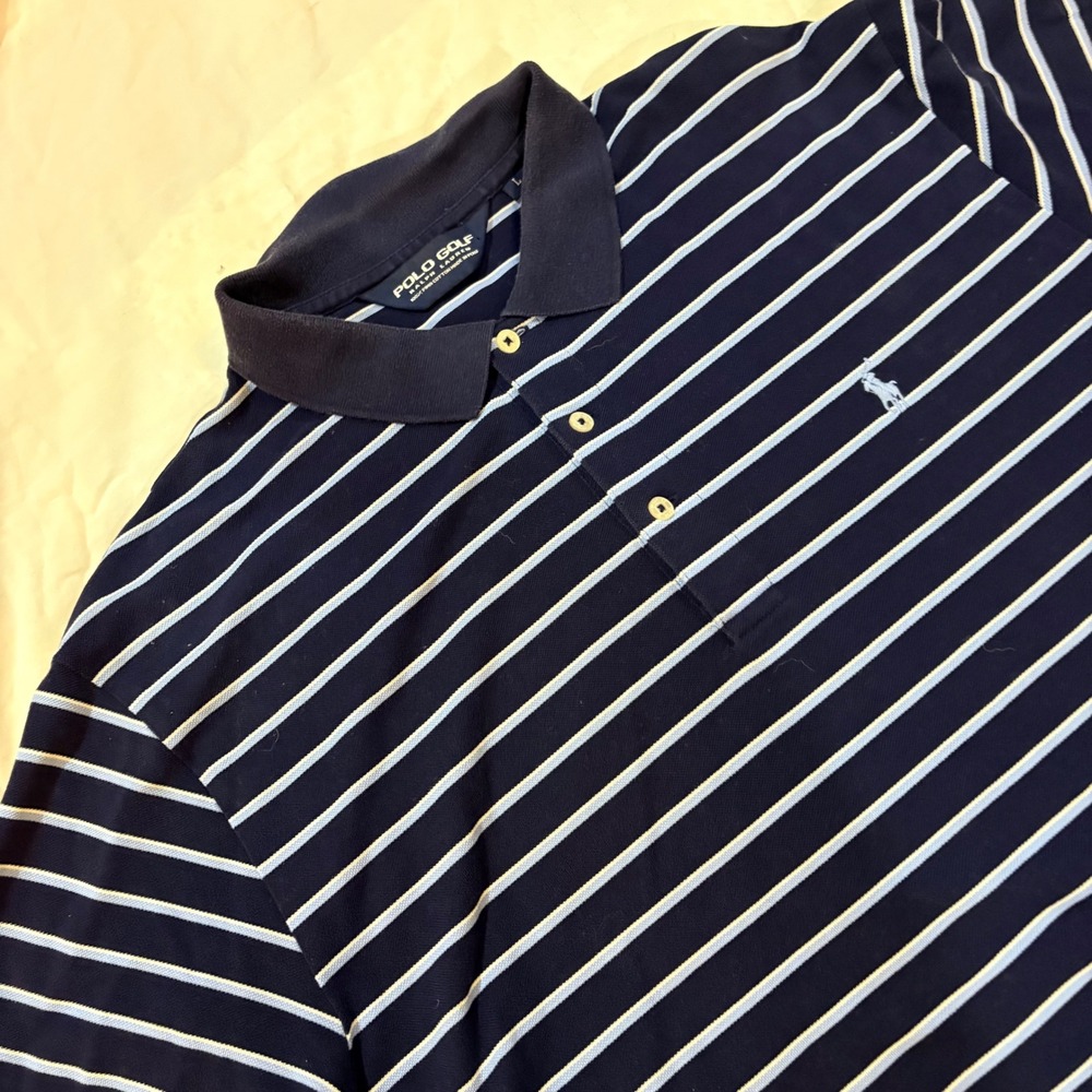Polo Golf Ralph‎ Lauren Mens Navy Blue Striped Pima Cotton Polo Shirt Large
